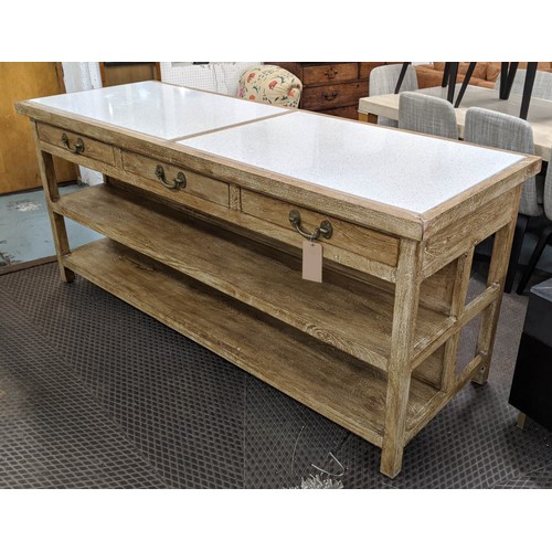 410 - FARMHOUSE KITCHEN ISLAND, Quartz worktop, with 3 drawers one side, seating space to the other, run o... 