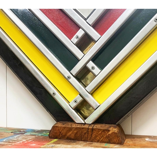 139 - POSTMODERN OVERMANTEL MIRROR, 119cm H x 114cm, circa 1980's with aluminium and coloured strip frame ... 