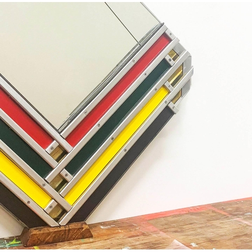 139 - POSTMODERN OVERMANTEL MIRROR, 119cm H x 114cm, circa 1980's with aluminium and coloured strip frame ... 