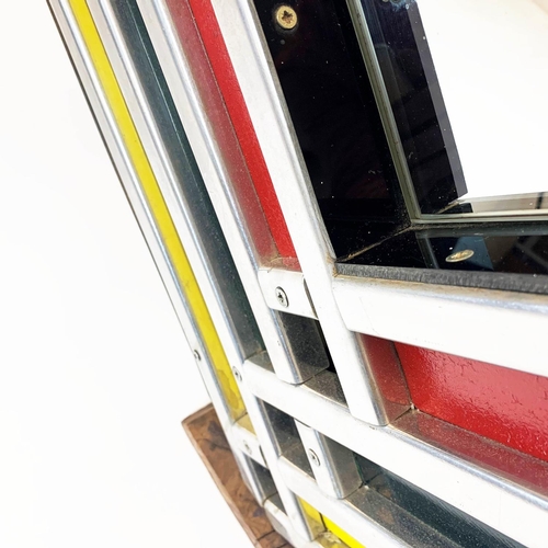 139 - POSTMODERN OVERMANTEL MIRROR, 119cm H x 114cm, circa 1980's with aluminium and coloured strip frame ... 