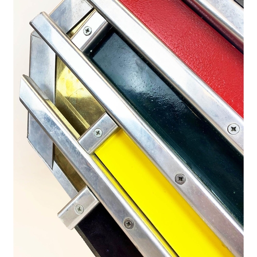 139 - POSTMODERN OVERMANTEL MIRROR, 119cm H x 114cm, circa 1980's with aluminium and coloured strip frame ... 