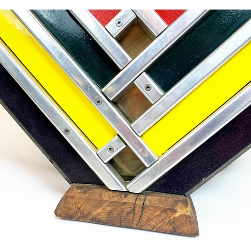 139 - POSTMODERN OVERMANTEL MIRROR, 119cm H x 114cm, circa 1980's with aluminium and coloured strip frame ... 