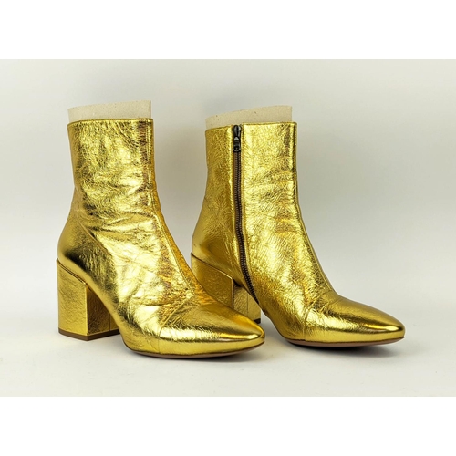 DRIES VAN NOTEN ANKLE BOOTS, gold metal tone, block heel 8cm at tallest, round toe design, side zip closure, size EU 39 1/2.