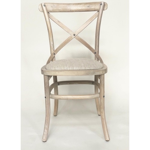 206 - OKA DINING CHAIRS, a set of six, lime washed fruitwood with X backs and linen seats. (6)