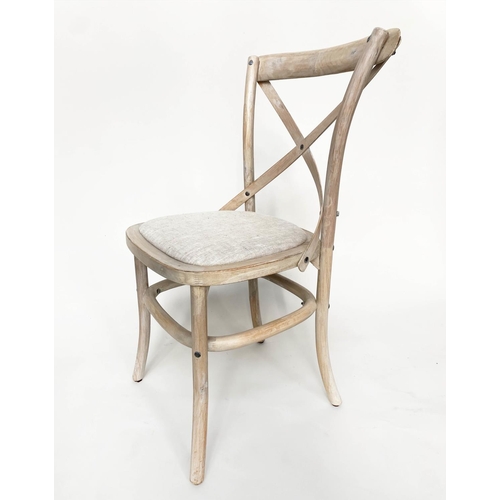 206 - OKA DINING CHAIRS, a set of six, lime washed fruitwood with X backs and linen seats. (6)