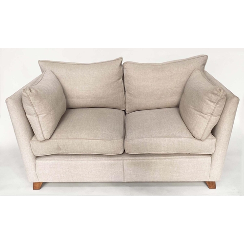 201 - SOFA, classic form two seater with taupe herringbone weave upholstery, 158cm W.