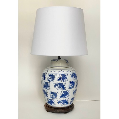 203 - CARP TABLE LAMP, 80cm H, large Chinese blue and white ceramic, of lidded vase form on wooden base (a... 