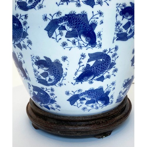 203 - CARP TABLE LAMP, 80cm H, large Chinese blue and white ceramic, of lidded vase form on wooden base (a... 