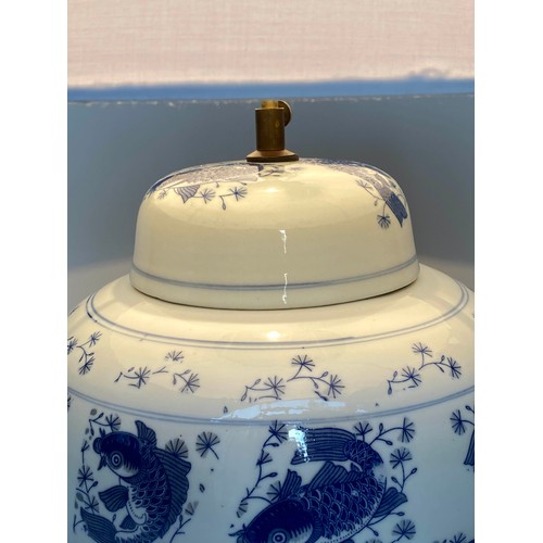 203 - CARP TABLE LAMP, 80cm H, large Chinese blue and white ceramic, of lidded vase form on wooden base (a... 