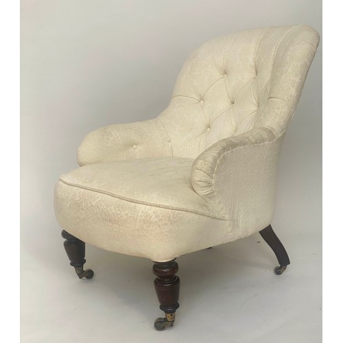 204 - ARMCHAIR, Victorian ivory brocade upholstered with button back and turned supports, 80cm W.