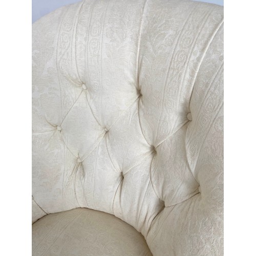 204 - ARMCHAIR, Victorian ivory brocade upholstered with button back and turned supports, 80cm W.