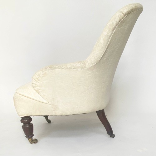 204 - ARMCHAIR, Victorian ivory brocade upholstered with button back and turned supports, 80cm W.