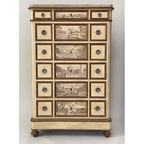 198 - SEMAINIER, 19th century French cream painted parcel gilt with marble top above six hand painted Neo ... 