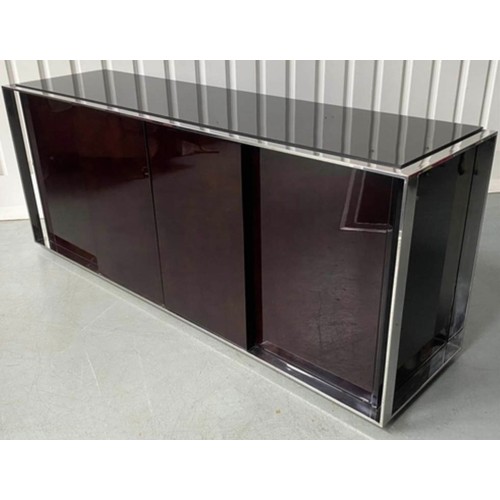 217 - SIDE CABINET, glazed with four lacquered doors and chrome frame, 200cm x 52cm x 80cm H.