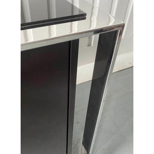 217 - SIDE CABINET, glazed with four lacquered doors and chrome frame, 200cm x 52cm x 80cm H.