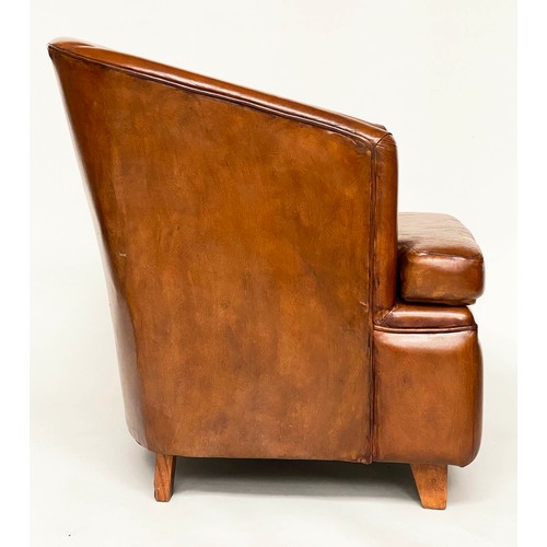 220 - TUB ARMCHAIRS, a pair, vintage French mid brown leather with raised bow backs and square tapering su... 