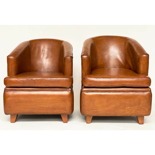 220 - TUB ARMCHAIRS, a pair, vintage French mid brown leather with raised bow backs and square tapering su... 