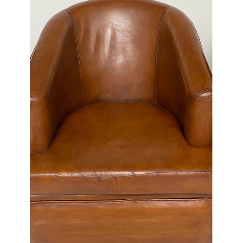 220 - TUB ARMCHAIRS, a pair, vintage French mid brown leather with raised bow backs and square tapering su... 