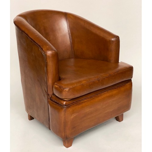 220 - TUB ARMCHAIRS, a pair, vintage French mid brown leather with raised bow backs and square tapering su... 