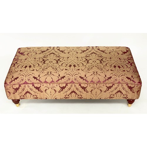 223 - HEARTH STOOL, rectangular with brown/violet brocade pattern and turned supports, 62cm x 110cm x 35cm... 