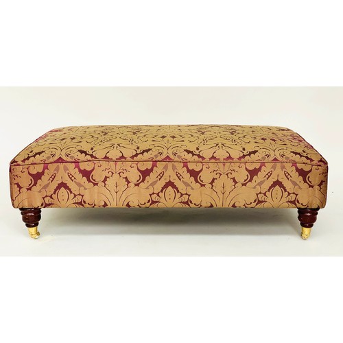 223 - HEARTH STOOL, rectangular with brown/violet brocade pattern and turned supports, 62cm x 110cm x 35cm... 