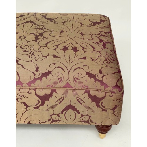 223 - HEARTH STOOL, rectangular with brown/violet brocade pattern and turned supports, 62cm x 110cm x 35cm... 