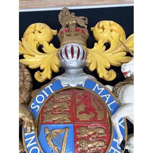 226 - ROYAL COAT OF ARMS, resin modelled and hand painted in limewood and silver slip frame, 84cm W x 94cm... 