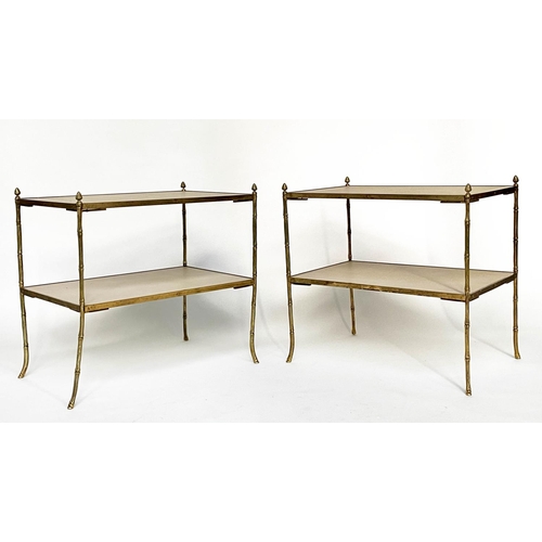 229 - ETAGERES, a pair, 65cm x 45cm x 59cm H, Regency design, two tier, tooled leather shelves and faux ba... 