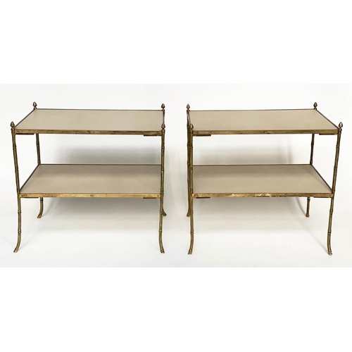 229 - ETAGERES, a pair, 65cm x 45cm x 59cm H, Regency design, two tier, tooled leather shelves and faux ba... 