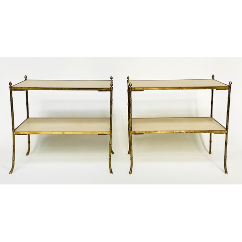 229 - ETAGERES, a pair, 65cm x 45cm x 59cm H, Regency design, two tier, tooled leather shelves and faux ba... 