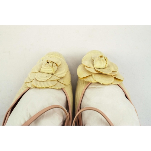 CHANEL CAMELIA SLING BACK FLATS, cream canvas and pink leather trims, semi  pointed toe with camelia