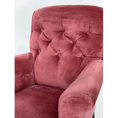 113 - ARMCHAIR, Victorian walnut with rose pink velvet buttoned back upholstery and turned front supports,... 