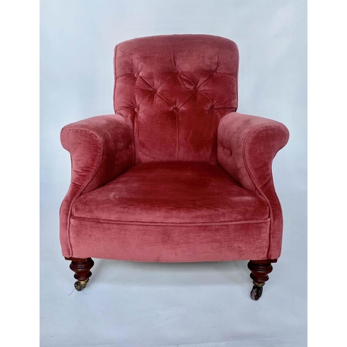 113 - ARMCHAIR, Victorian walnut with rose pink velvet buttoned back upholstery and turned front supports,... 