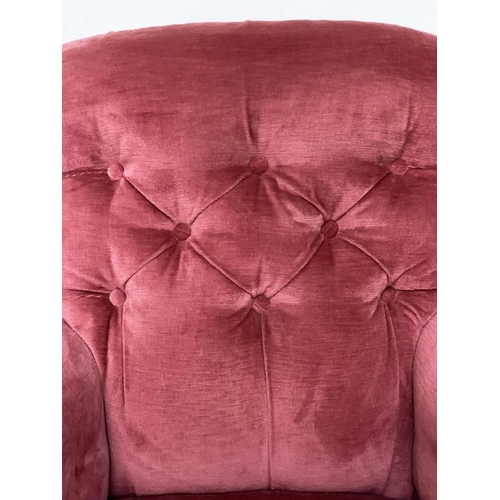 113 - ARMCHAIR, Victorian walnut with rose pink velvet buttoned back upholstery and turned front supports,... 