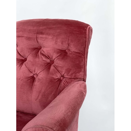 113 - ARMCHAIR, Victorian walnut with rose pink velvet buttoned back upholstery and turned front supports,... 