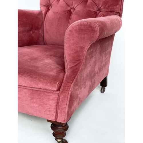 113 - ARMCHAIR, Victorian walnut with rose pink velvet buttoned back upholstery and turned front supports,... 