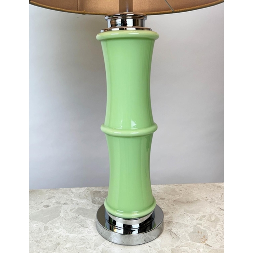 138 - TABLE LAMPS, a pair, Italian style vaseline glass of bamboo form, with shades, 71cm H. (2)