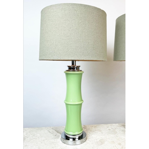 138 - TABLE LAMPS, a pair, Italian style vaseline glass of bamboo form, with shades, 71cm H. (2)