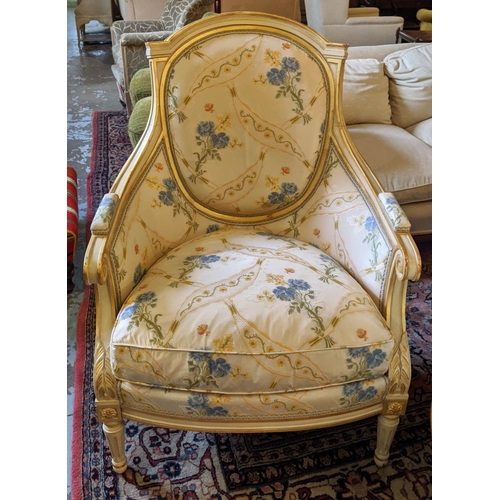 145 - BERGERES, 102cm H x 72cm W, a pair Louis XVI style cream and gilt in floral covers.