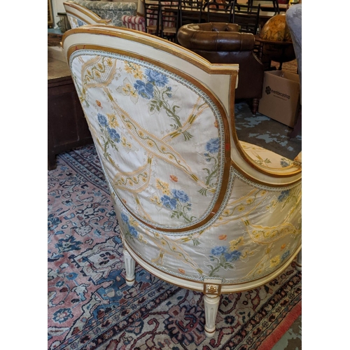 145 - BERGERES, 102cm H x 72cm W, a pair Louis XVI style cream and gilt in floral covers.