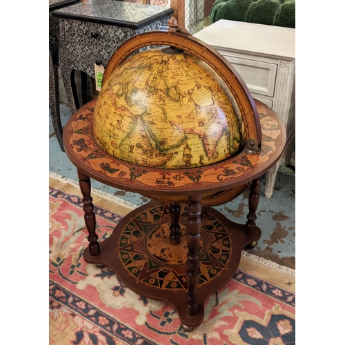 147 - TERRESTRIAL GLOBE DRINKS CABINET, 71cm W x 107cm H, antique style with rotating drinks compartment.