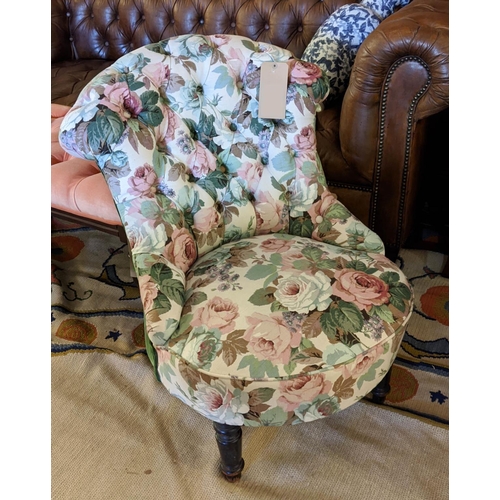 165 - BOUDOIR CHAIR, 79cm H x 70cm W, Napoleon III ebonised in rose patterned material and green velvet.