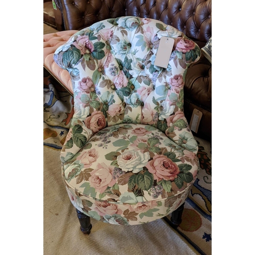 165 - BOUDOIR CHAIR, 79cm H x 70cm W, Napoleon III ebonised in rose patterned material and green velvet.