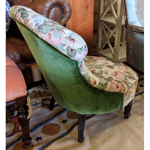 165 - BOUDOIR CHAIR, 79cm H x 70cm W, Napoleon III ebonised in rose patterned material and green velvet.