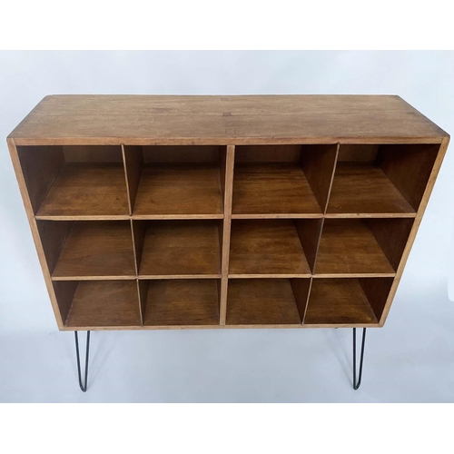 168 - 'CUBBY HOLES'/BOOKCASE, a set mid 20th century dovetailed teak with twelve cubby hole compartments o... 