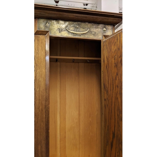 176 - WARDROBE, 60cm D x 206cm H x 111cm W, Arts and Crafts oak with beaten metal panel and mirrored door ... 