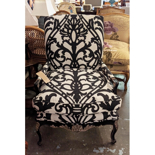 183 - OPEN ARMCHAIR, 68cm W x 100cm H, Louis XV style black and white fabric and black and silver carved s... 