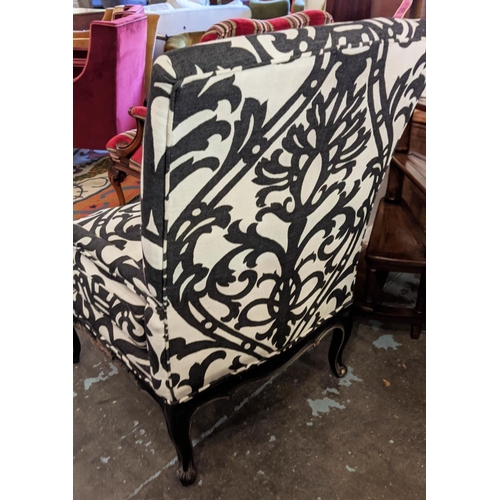 183 - OPEN ARMCHAIR, 68cm W x 100cm H, Louis XV style black and white fabric and black and silver carved s... 