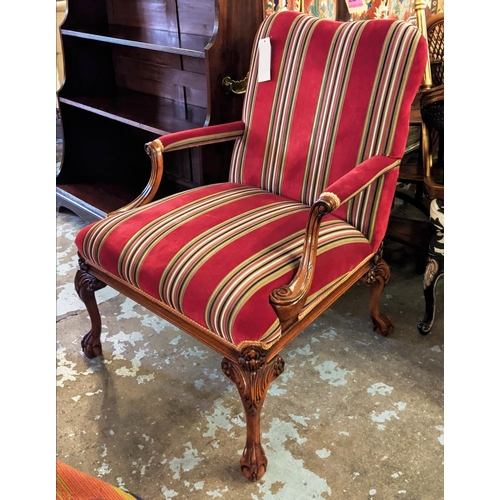 184 - ARMCHAIR, 76cm W x 98cm H, Georgian style with striped velvet fabric and carved showframe.