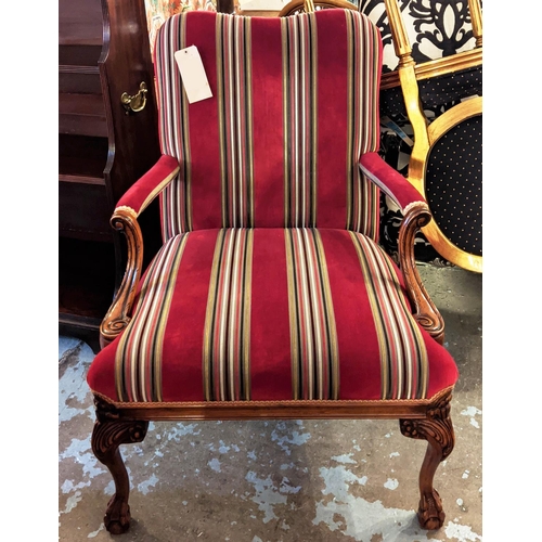 184 - ARMCHAIR, 76cm W x 98cm H, Georgian style with striped velvet fabric and carved showframe.